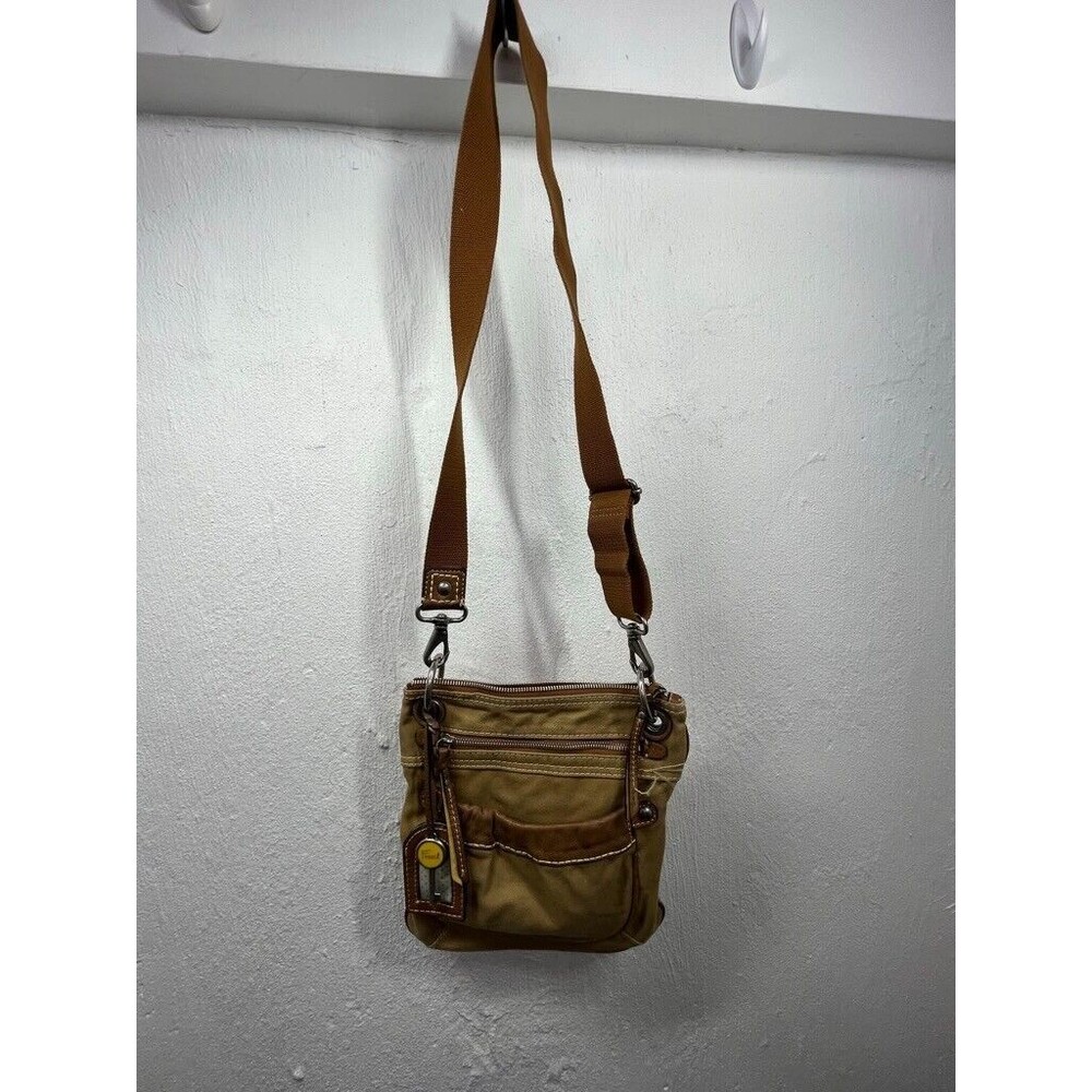 FOSSIL CANVAS CROSSBODY BAG PURSE 2 FRONT POCKETS ID TAG 10 X 9
